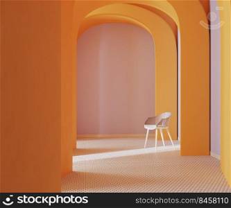 Orange arches corridor with sunlight and chair, 3d rendering