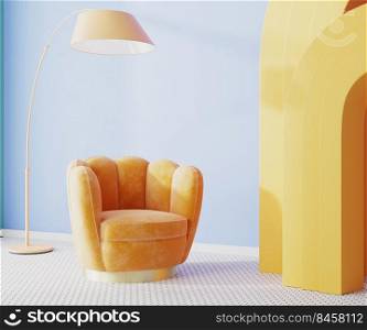 Orange armchair and floor l&wih yellow arch and blue wall, room interior, 3d rendering