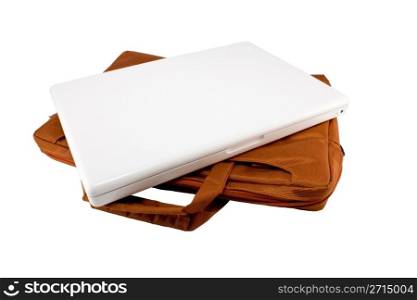 Orange bag and white laptop isolated on white background