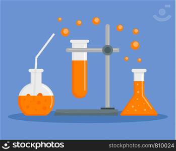 Orange chemical flask concept background. Flat illustration of orange chemical flask vector concept background for web design. Orange chemical flask concept background, flat style