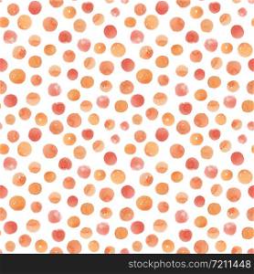 Orange circles seamless pattern on a white background. Watercolor hand geometric stain illustration. For the design of postcards, notebooks, clothes, home decor.