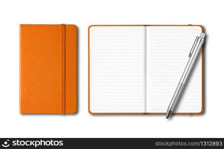 Orange closed and open lined notebooks with a pen isolated on white. Orange closed and open notebooks with a pen isolated on white