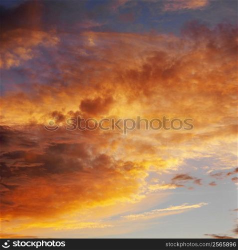 Orange clouds in sky with sunset.