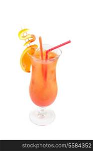 Orange cocktail with two tubes, peach, and orange decorated with dollar sign