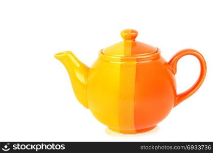 Orange color porcelain teapot, isolated on white background. Free space for text.