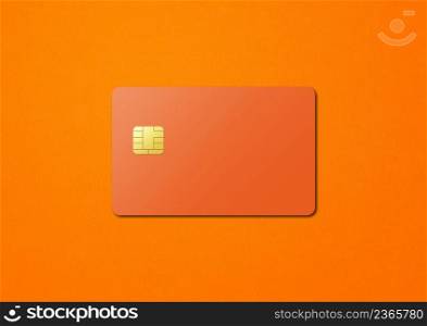 Orange credit card template isolated on a color background. 3D illustration. Orange credit card on a color background