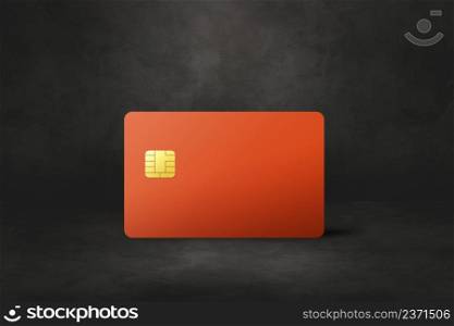 Orange credit card template on a black concrete background. 3D illustration. Orange credit card on a black concrete background