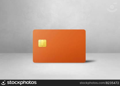 Orange credit card template on a white concrete background. 3D illustration. Orange credit card on a white concrete background