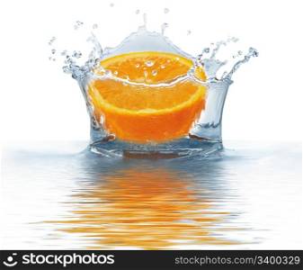 Orange falls into the water isolated on a white background. Splash water.