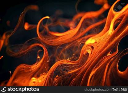 Orange flames on a black background. Fiery glowing waves. Generative AI technology. Orange flames on a black background. Close-up. AI generated