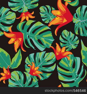 Orange flowers and green leaves seamless vector pattern black background