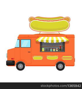 Orange Food Truck with Big Hot Dog on Top Isolated on White Background.. Orange Food Truck with Big Hot Dog on Top Isolated on White Background