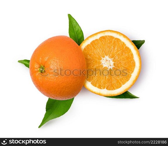 Orange fruit and leaf isolated on white background. Orange fruit