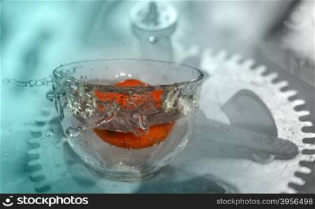 orange fruit is falling and splashing into water incolor . Concept of time
