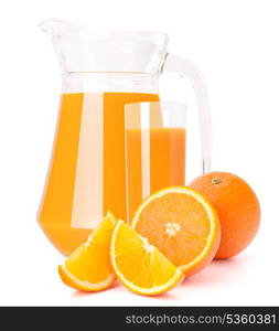 Orange fruit juice in glass jug isolated on white background cutout