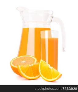 Orange fruit juice in glass jug isolated on white background cutout