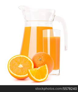 Orange fruit juice in glass jug isolated on white background cutout