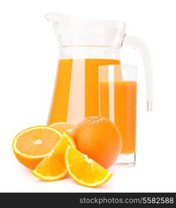 Orange fruit juice in glass jug isolated on white background cutout