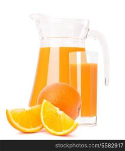 Orange fruit juice in glass jug isolated on white background cutout