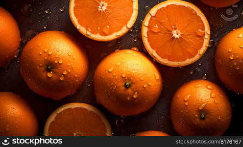 Orange fruit seamless background with water drops, top view, flat lay. Generative AI. High quality illustration. Orange fruit seamless background with water drops, top view, flat lay. Generative AI