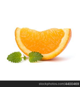 Orange fruit segment and citron mint leaf isolated on white background