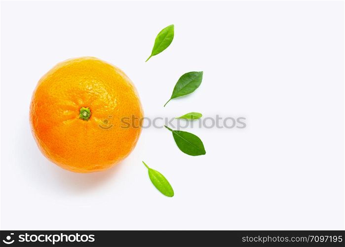 Orange fruit with citrus leaves isolated on white background. Juicy, sweet and high vitamin C. Copy space