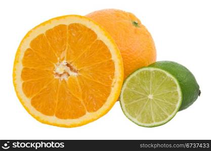 orange fruits and green lemons isolated on white