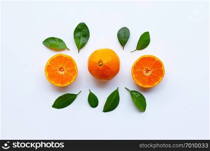 Orange fruits with leaves on white background. Top view