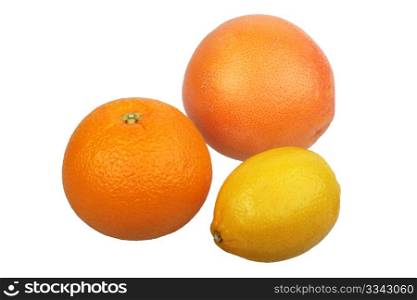 Orange, grapefruit and yellow lemon. Close-up. Isolated on white background.