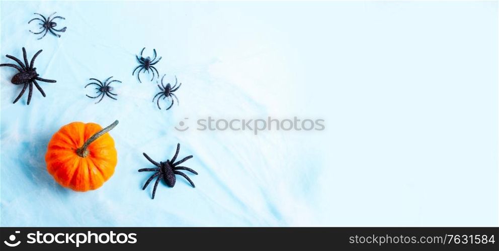 Orange halloween pumpkin and spiders in web on blue background flat lay scene with copy space, web banner format. Halloween flat lay background