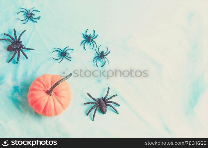 Orange halloween pumpkin and spiders in web on blue background flat lay scene with copy space, retro toned. Halloween flat lay background