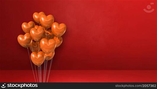 Orange heart shape balloons bunch on a red wall background. Horizontal banner. 3D illustration render. Orange heart shape balloons bunch on a red wall background. Horizontal banner.