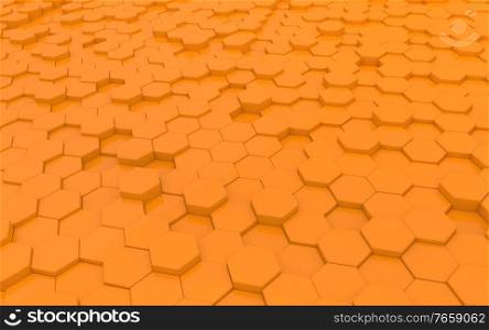 Orange hexagons background close-up. 3d render illustration.. Orange hexagons background close-up.