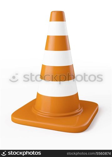 Orange highway traffic construction cone with white stripes isolated on white
