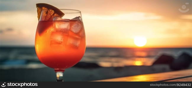 Orange ice cold cocktail in a beach bar at the sunset. Generative ai art. . Orange ice cold cocktail in a beach bar at the sunset. Generative ai.