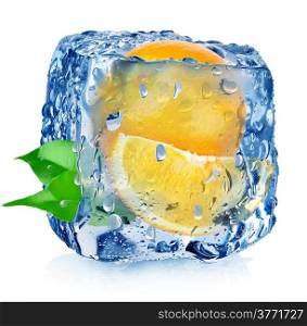 Orange in ice cube with drops isolated on white