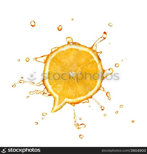 Orange in shape of dialog box with water drops isolated on white