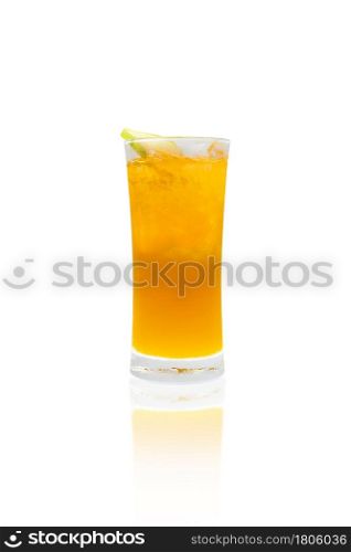 Orange juice cold in glass with thin orange slices isolated on white color background