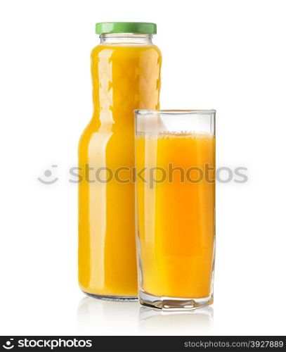 Orange juice glass and bottle. Isolated on white background.