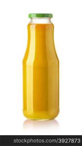 Orange juice glass bottle. Isolated on white background. with clipping path