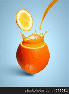 Orange juice. Image of refreshing orange cocktail with juicy splashes