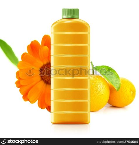 Orange juice in a plastic container jug with fresh orange and leaves on a white background. . Orange juice