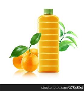 Orange juice in a plastic container jug with fresh orange and leaves on a white background. . Orange juice