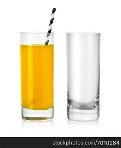 orange juice in glass and empty glasswith clipping path