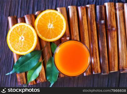 orange juice in glass and on a table