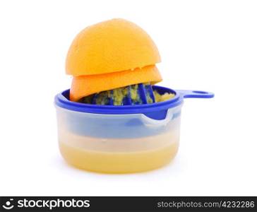 Orange juice in squeezer isolated on white background. Orange juice in squeezer