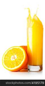 orange juice is splashing in glass cut out from white background