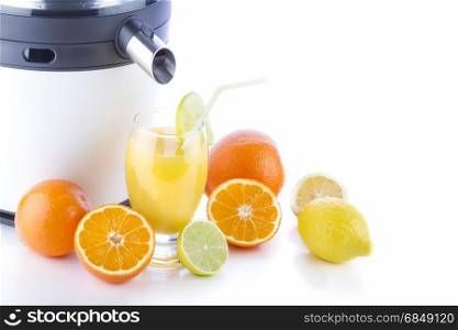 Orange juice- making orange juice on white background.