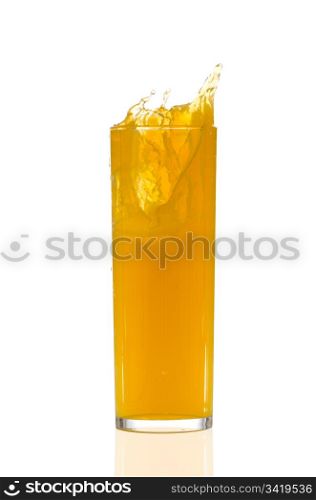 orange juice splash on white reflective background.