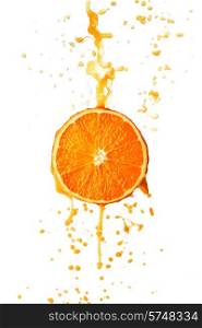 Orange juice splashing on slice isolated on white background. Orange juice splashing